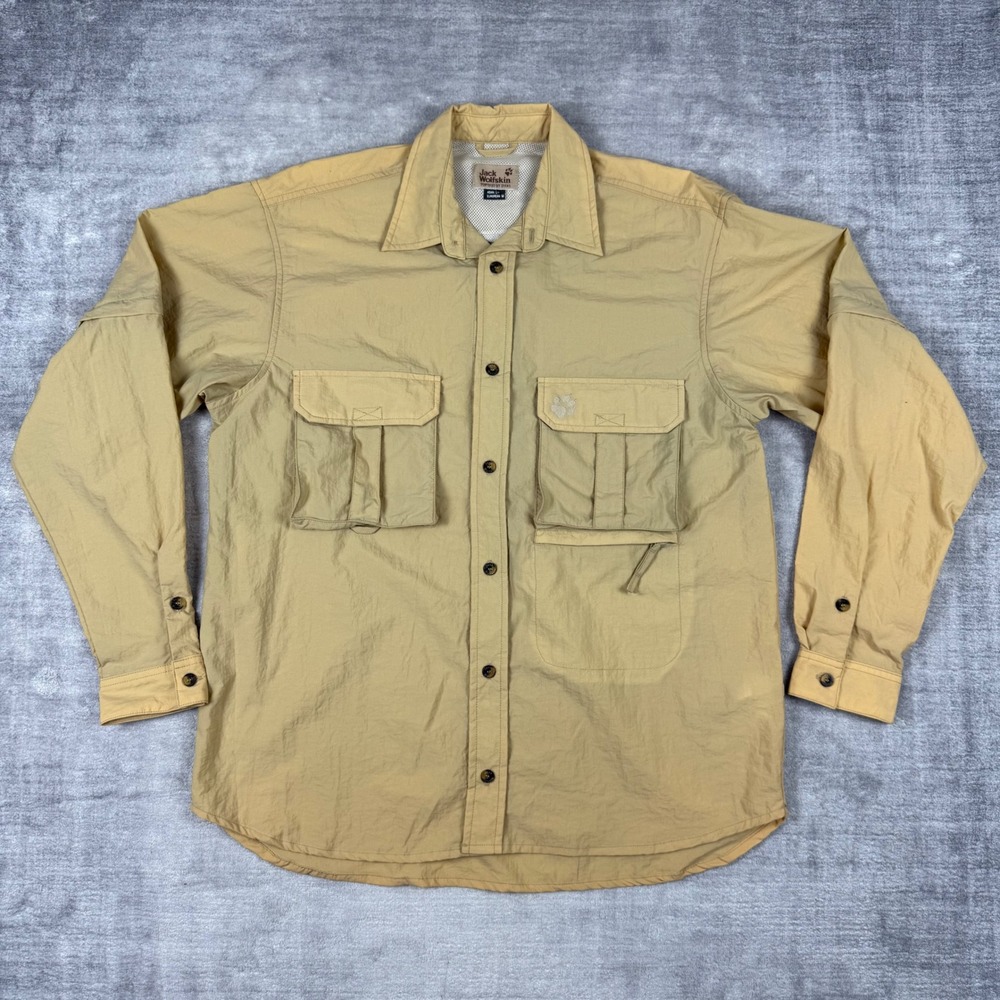 Jack Wolfskin Shirt Mens Medium Tan Convertible Hiking Outdoors Utility Safari